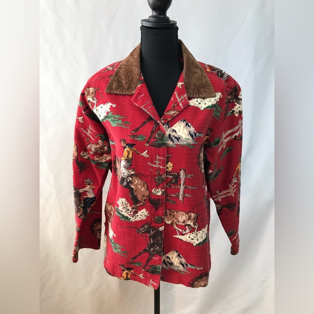 Women’s red cowboy print blazer w/ buttons and suede yoke